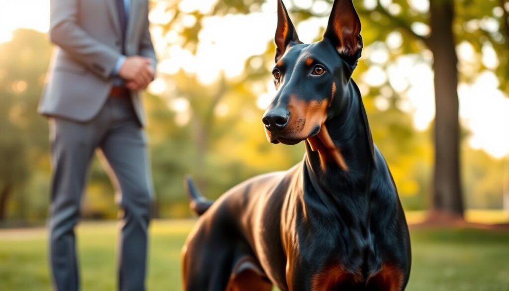 A majestic Doberman poised in a lush green park, showcasing its confident and alert demeanor. The background features a sunny afternoon sky, casting warm, soft light that highlights the sleek coat of the Doberman. In the foreground, the dog displays a calm yet watchful expression, embodying intelligence and loyalty. A person, dressed in smart casual attire, stands nearby, gently interacting with the dog to illustrate their bond. This scene captures the essence of a friendly yet protective nature, emphasizing the Doberman's loving temperament while maintaining an air of vigilance. The composition should focus on the relationship between the dog and human, with a shallow depth of field to blur the background slightly, creating a serene and inviting atmosphere. A majestic Doberman poised in a lush green park, showcasing its confident and alert demeanor. The background features a sunny afternoon sky, casting warm, soft light that highlights the sleek coat of the Doberman. In the foreground, the dog displays a calm yet watchful expression, embodying intelligence and loyalty. A person, dressed in smart casual attire, stands nearby, gently interacting with the dog to illustrate their bond. This scene captures the essence of a friendly yet protective nature, emphasizing the Doberman's loving temperament while maintaining an air of vigilance. The composition should focus on the relationship between the dog and human, with a shallow depth of field to blur the background slightly, creating a serene and inviting atmosphere.