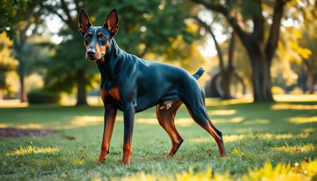 A majestic Doberman standing confidently in a lush green park, showcasing its athletic build and distinctive sleek coat. The breed's signature tan markings contrast sharply against its shiny black fur. The dog has alert ears and a focused gaze, embodying intelligence and loyalty. In the background, soft sunlight filters through trees, creating a warm golden hue that enhances the scene, while dappled shadows play on the grass. The atmosphere is calm yet vibrant, reflecting the dog's playful and energetic spirit. The perspective is slightly low, capturing the dog from a hero-like angle with a shallow depth of field, emphasizing its noble stature against the serene nature backdrop. A majestic Doberman standing confidently in a lush green park, showcasing its athletic build and distinctive sleek coat. The breed's signature tan markings contrast sharply against its shiny black fur. The dog has alert ears and a focused gaze, embodying intelligence and loyalty. In the background, soft sunlight filters through trees, creating a warm golden hue that enhances the scene, while dappled shadows play on the grass. The atmosphere is calm yet vibrant, reflecting the dog's playful and energetic spirit. The perspective is slightly low, capturing the dog from a hero-like angle with a shallow depth of field, emphasizing its noble stature against the serene nature backdrop.