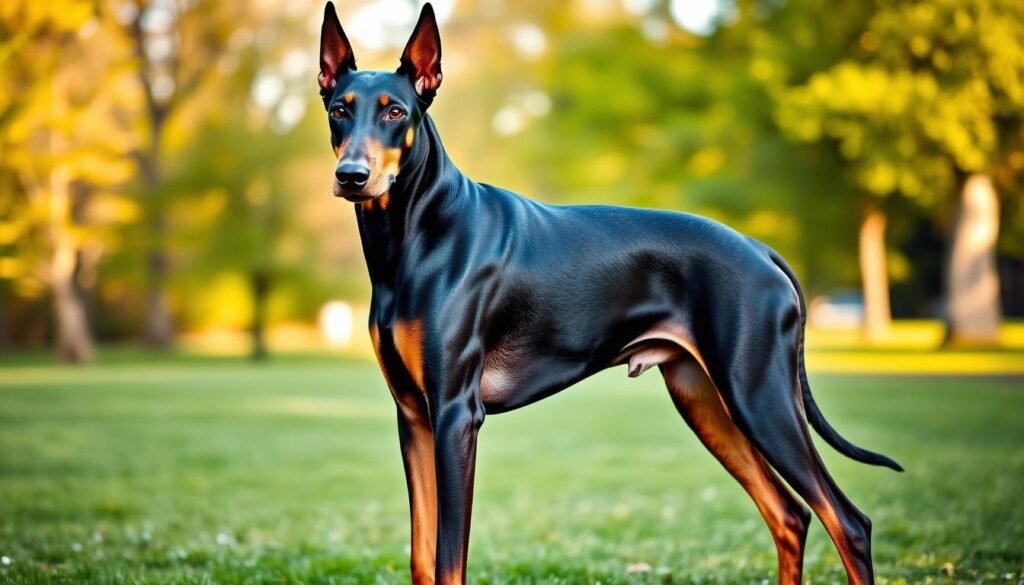 A majestic Doberman standing proudly in a lush green park, showcasing its sleek black and tan coat. In the foreground, the dog's muscular build, strong legs, and elegant neck are in sharp focus, emphasizing its athletic physique. The middle ground features an out-of-focus background of trees, creating a natural setting that complements the dog's appearance. The lighting is warm and inviting, simulating late afternoon sunlight that highlights the sheen of the Doberman's coat. The angle is slightly low, allowing the viewer to appreciate the dog's confident stature and keen expression. The overall mood is one of strength and grace, capturing the essence of the Doberman's physical characteristics and appealing aesthetics. A majestic Doberman standing proudly in a lush green park, showcasing its sleek black and tan coat. In the foreground, the dog's muscular build, strong legs, and elegant neck are in sharp focus, emphasizing its athletic physique. The middle ground features an out-of-focus background of trees, creating a natural setting that complements the dog's appearance. The lighting is warm and inviting, simulating late afternoon sunlight that highlights the sheen of the Doberman's coat. The angle is slightly low, allowing the viewer to appreciate the dog's confident stature and keen expression. The overall mood is one of strength and grace, capturing the essence of the Doberman's physical characteristics and appealing aesthetics.