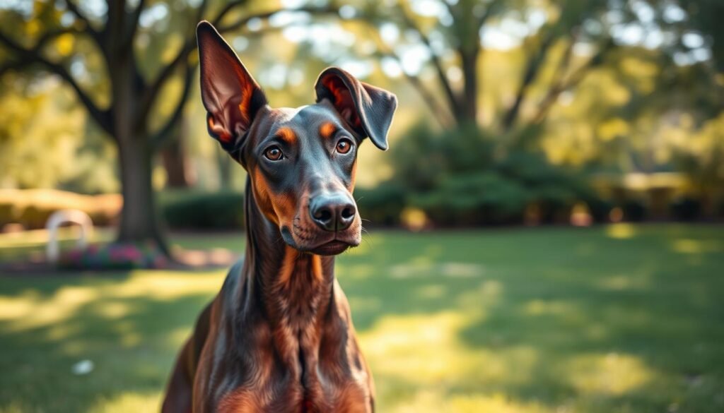 A majestic Doberman with floppy ears stands confidently in the foreground, showcasing its sleek, muscular build and expressive eyes. The dog's ears, soft and gently drooping, add a unique charm to its otherwise sharp features. The middle ground features a serene park setting with green grass and subtle hints of colorful flowers, creating a peaceful atmosphere. In the background, soft sunlight filters through leafy trees, casting dappled shadows on the ground. The image is lit with warm, natural light to enhance the dog's glossy coat, captured from a slightly low angle to emphasize its stature and personality. The overall mood is inviting and heartwarming, reflecting the bond between Doberman and family while highlighting the floppy ear preference.