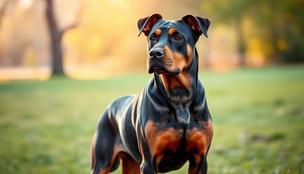 A majestic Rottweiler-Doberman mix standing proudly on a grassy field, showcasing its strong build and distinctive coat patterns that blend the Rottweiler's rich tan and black with the Doberman's sleekness. In the foreground, the dog is portrayed at a slight angle, emphasizing its muscular stature and alert expression, while its ears are naturally erect capturing a sense of liveliness. The middle ground features a serene background with soft, blurred trees, evoking a peaceful outdoor setting. The lighting is warm, suggesting a late afternoon sun casting gentle rays on the dog, creating a golden glow that highlights its features. This image conveys a sense of vitality and strength while subtly reflecting the theme of aging gracefully as it transitions into its later years. A majestic Rottweiler-Doberman mix standing proudly on a grassy field, showcasing its strong build and distinctive coat patterns that blend the Rottweiler's rich tan and black with the Doberman's sleekness. In the foreground, the dog is portrayed at a slight angle, emphasizing its muscular stature and alert expression, while its ears are naturally erect capturing a sense of liveliness. The middle ground features a serene background with soft, blurred trees, evoking a peaceful outdoor setting. The lighting is warm, suggesting a late afternoon sun casting gentle rays on the dog, creating a golden glow that highlights its features. This image conveys a sense of vitality and strength while subtly reflecting the theme of aging gracefully as it transitions into its later years.