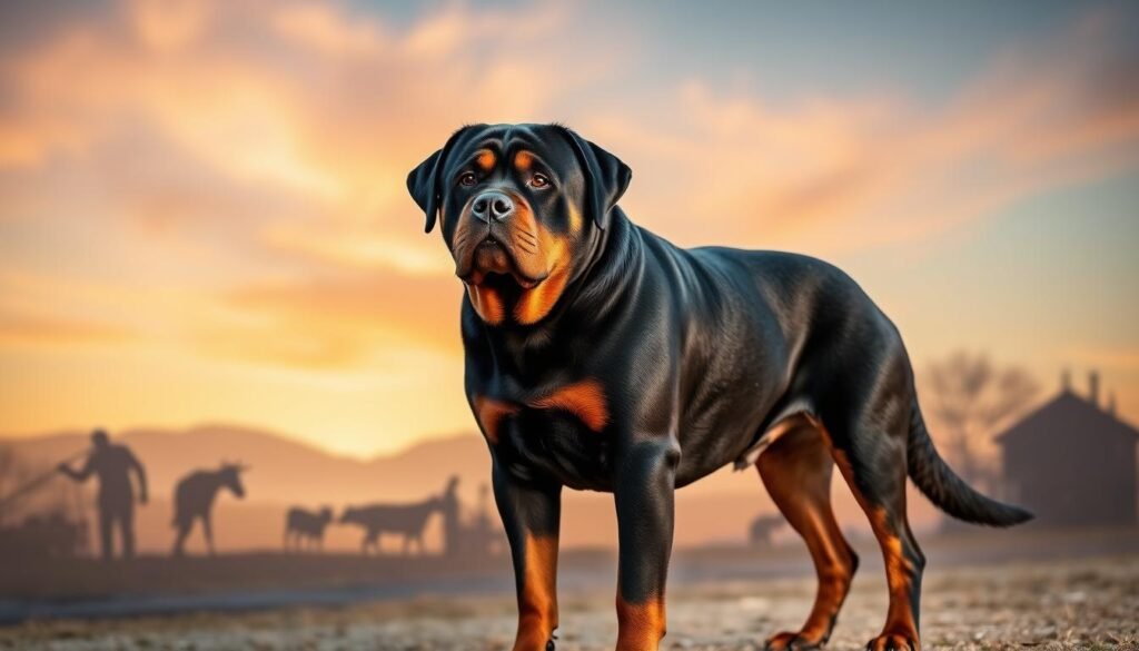 A majestic Rottweiler standing proudly in the foreground, showcasing its muscular build and distinct black and tan coat. The middle ground features a historical backdrop illustrating the development of the Rottweiler breed, including traditional working scenes like guarding and herding cattle, depicted in a soft, muted palette. The background incorporates a gradient sky transitioning from golden sunset hues to twilight, creating a serene, contemplative atmosphere. Use warm, natural lighting to highlight the dog's features and cast gentle shadows. The shot is taken from a low angle, emphasizing the Rottweiler's stature and confidence. Overall, the image evokes a sense of strength and loyalty, capturing the essence of the breed's rich history. A majestic Rottweiler standing proudly in the foreground, showcasing its muscular build and distinct black and tan coat. The middle ground features a historical backdrop illustrating the development of the Rottweiler breed, including traditional working scenes like guarding and herding cattle, depicted in a soft, muted palette. The background incorporates a gradient sky transitioning from golden sunset hues to twilight, creating a serene, contemplative atmosphere. Use warm, natural lighting to highlight the dog's features and cast gentle shadows. The shot is taken from a low angle, emphasizing the Rottweiler's stature and confidence. Overall, the image evokes a sense of strength and loyalty, capturing the essence of the breed's rich history.