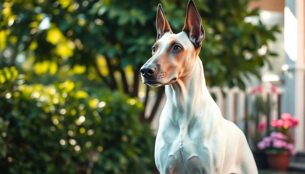 A majestic White Doberman Pinscher stands confidently in the foreground, showcasing its strong physique and sleek coat. The dog's posture exudes intelligence and loyalty, with a gentle gaze that reflects its calm temperament. In the middle ground, a lush green garden provides a vibrant backdrop, with soft sunlight filtering through the leaves, casting a warm glow on the scene. Behind the dog, there are hints of a serene home environment, including a cozy porch and blooming flowers, enhancing the sense of family-friendly atmosphere. A shallow depth of field focuses on the dog while softly blurring the background, creating a sense of intimacy. The overall mood is peaceful yet alert, conveying the Doberman's balanced personality traits of obedience and protectiveness.