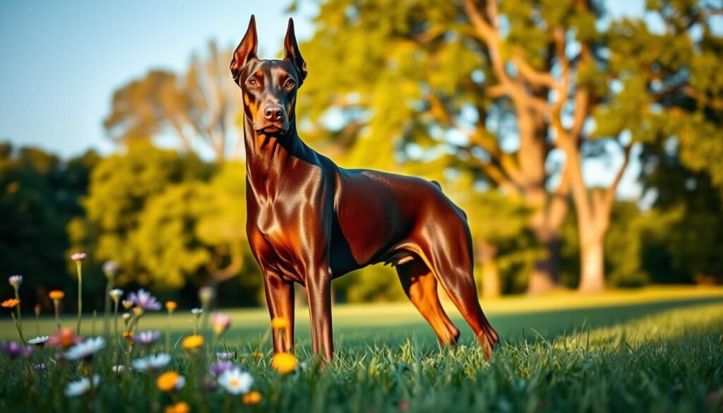 A majestic chocolate Doberman standing proudly in a lush, green park, showcasing its striking chocolate coat that glistens in the sunlight. The foreground focuses on the dog's powerful build and distinctive features: its sleek fur, expressive eyes, and alert ears. In the middle ground, vibrant wildflowers and soft grass create a natural frame around the Doberman, emphasizing its unique color. The background features softly blurred trees under a clear blue sky, adding depth without distracting from the subject. Golden hour lighting casts a warm glow, highlighting the rich tones of the coat and creating an inviting atmosphere that signifies the elegance and rarity of this color variation in Dobermans. A majestic chocolate Doberman standing proudly in a lush, green park, showcasing its striking chocolate coat that glistens in the sunlight. The foreground focuses on the dog's powerful build and distinctive features: its sleek fur, expressive eyes, and alert ears. In the middle ground, vibrant wildflowers and soft grass create a natural frame around the Doberman, emphasizing its unique color. The background features softly blurred trees under a clear blue sky, adding depth without distracting from the subject. Golden hour lighting casts a warm glow, highlighting the rich tones of the coat and creating an inviting atmosphere that signifies the elegance and rarity of this color variation in Dobermans.