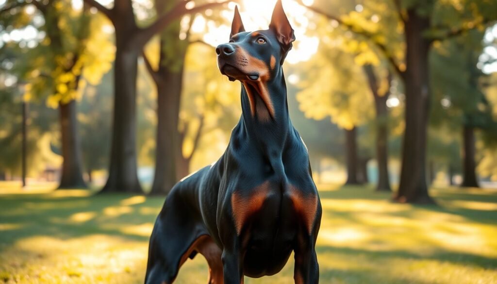 A majestic male Doberman stands confidently in the foreground, showcasing its strong physique and elegant posture. The dog's glossy black and tan coat gleams under golden hour lighting, emphasizing its muscular build. In the middle, a tranquil outdoor park setting features lush green grass and tall trees, creating a serene and natural backdrop. Soft sunlight filters through the leaves, casting dappled shadows on the ground, enhancing the peaceful atmosphere. The angle is slightly low, capturing the dog's noble presence as it gazes intently into the distance, embodying strength and loyalty. The overall mood is one of admiration and respect, perfect for showcasing the strong names suitable for male Dobermans. A majestic male Doberman stands confidently in the foreground, showcasing its strong physique and elegant posture. The dog's glossy black and tan coat gleams under golden hour lighting, emphasizing its muscular build. In the middle, a tranquil outdoor park setting features lush green grass and tall trees, creating a serene and natural backdrop. Soft sunlight filters through the leaves, casting dappled shadows on the ground, enhancing the peaceful atmosphere. The angle is slightly low, capturing the dog's noble presence as it gazes intently into the distance, embodying strength and loyalty. The overall mood is one of admiration and respect, perfect for showcasing the strong names suitable for male Dobermans.