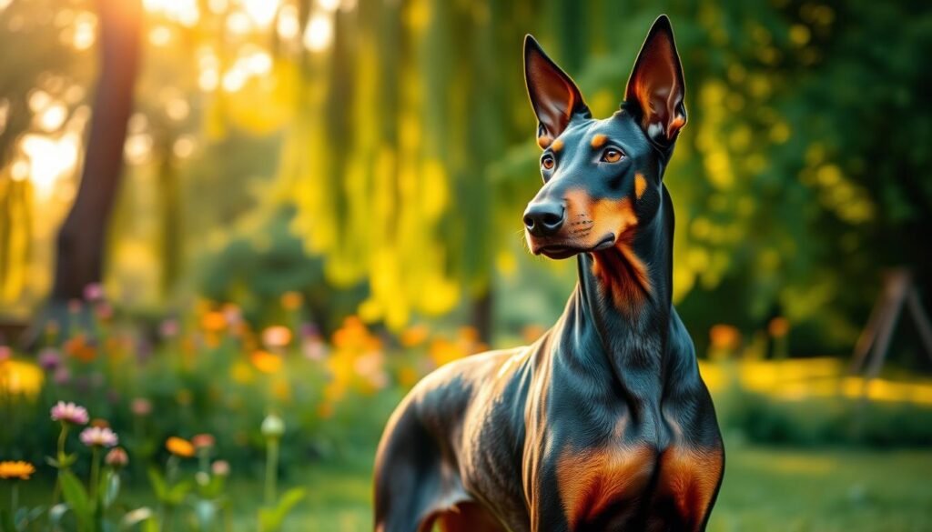 A majestic, uncropped Doberman standing proudly in a lush green park, showcasing its natural ears and striking athletic build. The foreground features the Doberman with sharp focus, highlighting its sleek coat and expressive facial features. The middle ground reveals a blurred background of vibrant wildflowers and gently swaying trees, casting soft shadows. The golden hour sunlight filters through the leaves, creating a warm, inviting atmosphere. The angle captures the dog's profile, emphasizing the elegance of its posture and the unique silhouette of its ears. The overall mood reflects grace and strength, celebrating the beauty of the uncropped Doberman in a natural outdoor setting.