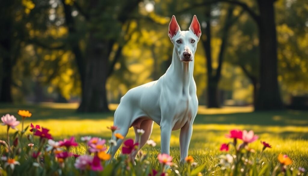 A majestic white Doberman stands proudly in a lush green park, embodying the essence of the controversial "warlock dog" term. The foreground features the Doberman with its sleek, muscular build and striking blue eyes, appearing alert and regal. In the middle ground, a mix of vibrant wildflowers adds a pop of color, creating a soft contrast against the dog's white coat. The background showcases a serene park scene with gentle sunlight filtering through tall trees, casting dappled shadows on the ground. The atmosphere is tranquil yet charged with mystery, hinting at the debate surrounding this unique breed. The lighting is warm and inviting, enhancing the dog's ethereal appearance, captured in a slightly low angle to emphasize its stature and presence. A majestic white Doberman stands proudly in a lush green park, embodying the essence of the controversial "warlock dog" term. The foreground features the Doberman with its sleek, muscular build and striking blue eyes, appearing alert and regal. In the middle ground, a mix of vibrant wildflowers adds a pop of color, creating a soft contrast against the dog's white coat. The background showcases a serene park scene with gentle sunlight filtering through tall trees, casting dappled shadows on the ground. The atmosphere is tranquil yet charged with mystery, hinting at the debate surrounding this unique breed. The lighting is warm and inviting, enhancing the dog's ethereal appearance, captured in a slightly low angle to emphasize its stature and presence.
