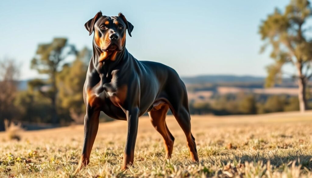 A muscular Doberman Cane Corso mix stands proudly in a natural outdoor setting, showcasing its robust physique. The dog has a strong, athletic build with a broad chest and well-defined muscles, combining the sleek elegance of the Doberman with the stocky power of the Cane Corso. Its short coat is a striking blend of rich black and tan hues. In the foreground, the dog’s intelligent eyes and alert ears are prominent, reflecting its confident demeanor. The midground features a soft, blurred grass patch, while the background displays a serene landscape with distant trees under a clear blue sky, bathed in golden sunlight. The angle captures the dog from a slight low perspective, emphasizing its stature and strength, evoking a sense of guardianship and loyalty.