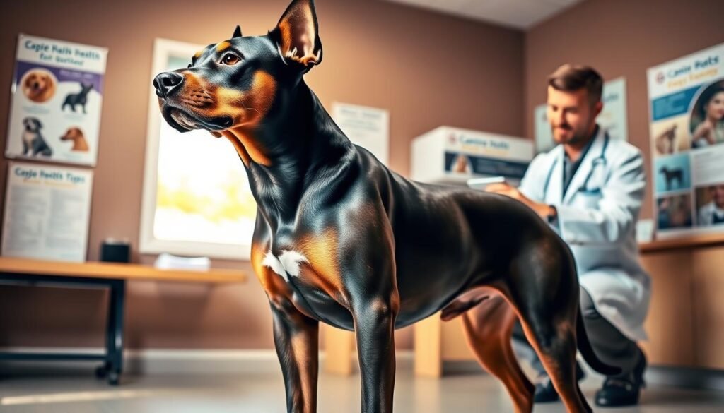 A muscular Doberman-Pitbull mix, showcasing a shiny, healthy coat with a blend of black and tan fur. The dog stands proudly in the foreground, displaying a confident stance with a slightly raised head, highlighting its strong jawline and alert ears. In the middle ground, a veterinarian, dressed in a white lab coat and casual clothing, kneels beside the dog, examining it gently with a look of care and professionalism. The background features a warm, well-lit veterinary office, with posters of canine health tips on the walls and soft natural light filtering through a window, creating an inviting and secure atmosphere. The mood is positive and reassuring, reflecting the importance of health considerations for this breed mix. A muscular Doberman-Pitbull mix, showcasing a shiny, healthy coat with a blend of black and tan fur. The dog stands proudly in the foreground, displaying a confident stance with a slightly raised head, highlighting its strong jawline and alert ears. In the middle ground, a veterinarian, dressed in a white lab coat and casual clothing, kneels beside the dog, examining it gently with a look of care and professionalism. The background features a warm, well-lit veterinary office, with posters of canine health tips on the walls and soft natural light filtering through a window, creating an inviting and secure atmosphere. The mood is positive and reassuring, reflecting the importance of health considerations for this breed mix.