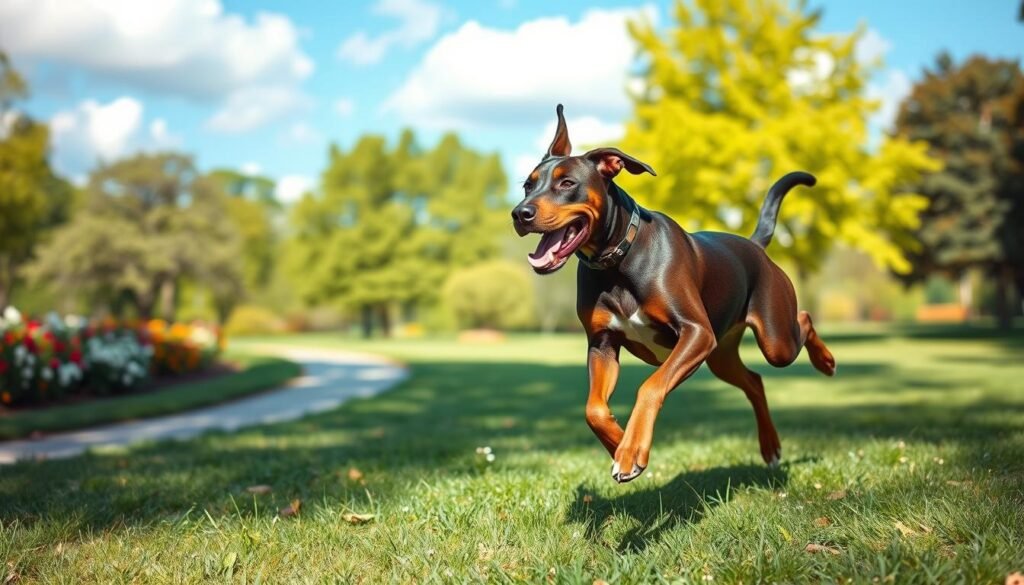 A playful Boxer Doberman mix running with enthusiasm in a grassy park, showcasing its strong physique and sleek coat. In the foreground, the dog leaps joyfully, its ears flapping and tail wagging, embodying energy and spirit. In the middle ground, a well-maintained path winds through the park, lined with vibrant green trees and blooming flowers, creating a natural backdrop. The background features a blue sky with soft, fluffy clouds, enhancing the cheerful atmosphere. The lighting is bright and sunny, casting soft shadows that highlight the dog's muscular frame. The angle captures the action, emphasizing the dog's agility and playfulness, making it a lively illustration of exercise in a family-friendly environment.