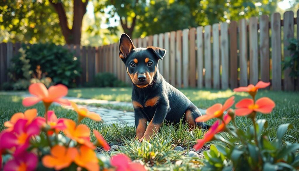 A playful Doberman X Rottweiler puppy sits in a lush, green garden, its short coat showcasing a beautiful blend of rich black and brown tones. The puppy's ears are perked up, and its expressive eyes radiate curiosity and mischief. In the foreground, vibrant flowers bloom, enhancing the joyful atmosphere. In the middle ground, a tranquil path made of pebbles leads to a wooden fence that encloses a cozy yard. Soft sunlight filters through the leaves above, creating dappled patterns on the grass. The overall mood is warm and inviting, evoking the excitement of finding a new puppy. The composition is captured with a slightly low angle, emphasizing the joyful energy of the puppy and the beauty of its surroundings.
