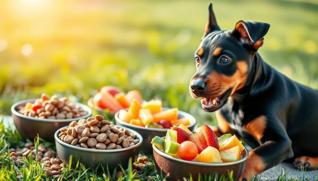 A playful Doberman puppy surrounded by an array of nutritious puppy food options, including premium kibble, fresh fruits, and vegetables. The foreground features the curious puppy, its sleek black and tan coat glistening in soft, natural lighting. The middle section includes bowls filled with colorful, healthy food, reflecting the puppy's nutritional needs. In the background, a serene outdoor environment symbolizes vitality, with green grass and a gentle morning sun casting a warm glow. The puppy gazes happily at the food, conveying a mood of energy and health, inviting viewers to explore the importance of proper nutrition for growing Doberman puppies. Use a shallow depth of field to blur the background slightly, emphasizing the joyful interaction between the puppy and its nutritious meal.