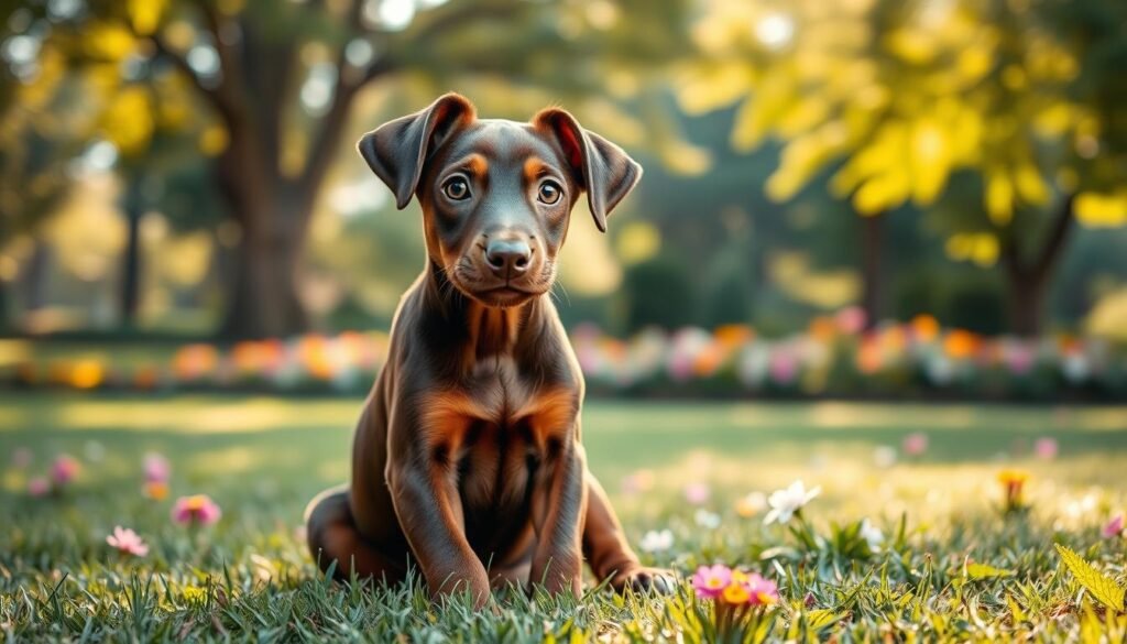 A playful brown Doberman Pinscher puppy sits in the foreground, showcasing its smooth, shiny coat and large, expressive eyes. The puppy's ears are naturally floppy, emphasizing its youthful charm. In the middle ground, a soft, grassy area is dotted with colorful flowers, creating a cheerful environment. The background features a blurred scene of a sunny park with gentle trees swaying in a light breeze, casting dappled sunlight across the scene. The lighting is warm and inviting, with a golden hour glow that enhances the puppy's rich brown color. The atmosphere conveys a sense of joy and companionship, perfect for showcasing this beautiful breed. The composition is captured from a low angle to emphasize the puppy's architecture, ensuring it stands out against the lush background. A playful brown Doberman Pinscher puppy sits in the foreground, showcasing its smooth, shiny coat and large, expressive eyes. The puppy's ears are naturally floppy, emphasizing its youthful charm. In the middle ground, a soft, grassy area is dotted with colorful flowers, creating a cheerful environment. The background features a blurred scene of a sunny park with gentle trees swaying in a light breeze, casting dappled sunlight across the scene. The lighting is warm and inviting, with a golden hour glow that enhances the puppy's rich brown color. The atmosphere conveys a sense of joy and companionship, perfect for showcasing this beautiful breed. The composition is captured from a low angle to emphasize the puppy's architecture, ensuring it stands out against the lush background.