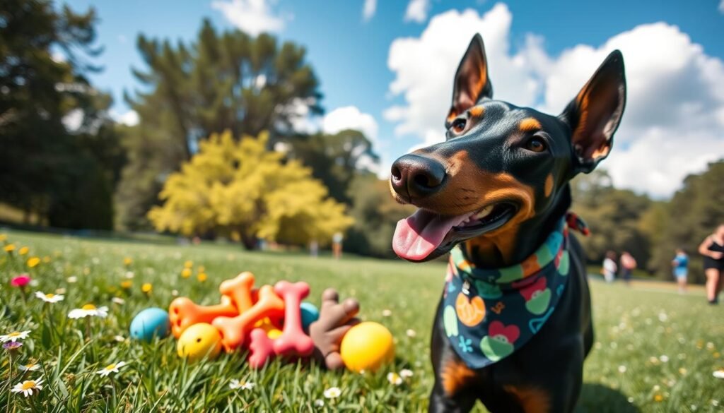A playful scene featuring a lively Doberman dog in the foreground, showcasing its strong, sleek body and shiny black and tan fur. The dog is wearing a colorful, quirky bandana printed with fun designs, embodying a cheerful personality. In the middle ground, display a whimsical arrangement of dog toys in bright colors, such as rubber bones and squeaky balls, to enhance the fun atmosphere. The background consists of a vibrant park setting, filled with lush green grass and scattered wildflowers, under a bright blue sky with fluffy white clouds. Use warm, natural lighting to create a joyful and inviting mood. The composition should be dynamic, captured from a low angle to emphasize the dog's playful spirit and the energetic ambiance around it. A playful scene featuring a lively Doberman dog in the foreground, showcasing its strong, sleek body and shiny black and tan fur. The dog is wearing a colorful, quirky bandana printed with fun designs, embodying a cheerful personality. In the middle ground, display a whimsical arrangement of dog toys in bright colors, such as rubber bones and squeaky balls, to enhance the fun atmosphere. The background consists of a vibrant park setting, filled with lush green grass and scattered wildflowers, under a bright blue sky with fluffy white clouds. Use warm, natural lighting to create a joyful and inviting mood. The composition should be dynamic, captured from a low angle to emphasize the dog's playful spirit and the energetic ambiance around it.