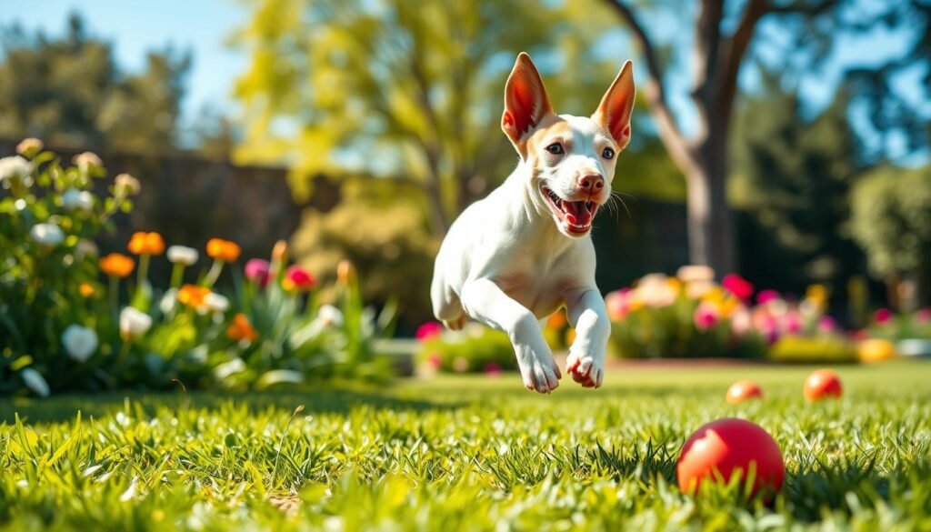 A playful white Doberman puppy energetically exercising in a sunny garden setting. In the foreground, the puppy, with its striking white coat and distinctive markings, is mid-leap, showcasing its athleticism and vitality. Its ears are perked up, and there’s a gleam of joy in its expressive eyes. In the middle ground, lush green grass and colorful flowers provide a vibrant backdrop, while a few playful toys, like a bright red ball, are scattered around, emphasizing the playful nature of the puppy. The background features soft-focus trees and a clear blue sky, creating a warm and inviting atmosphere. The lighting is bright and natural, highlighting the puppy's fur and casting soft shadows, enhancing the lively, cheerful mood of the scene. A playful white Doberman puppy energetically exercising in a sunny garden setting. In the foreground, the puppy, with its striking white coat and distinctive markings, is mid-leap, showcasing its athleticism and vitality. Its ears are perked up, and there’s a gleam of joy in its expressive eyes. In the middle ground, lush green grass and colorful flowers provide a vibrant backdrop, while a few playful toys, like a bright red ball, are scattered around, emphasizing the playful nature of the puppy. The background features soft-focus trees and a clear blue sky, creating a warm and inviting atmosphere. The lighting is bright and natural, highlighting the puppy's fur and casting soft shadows, enhancing the lively, cheerful mood of the scene.