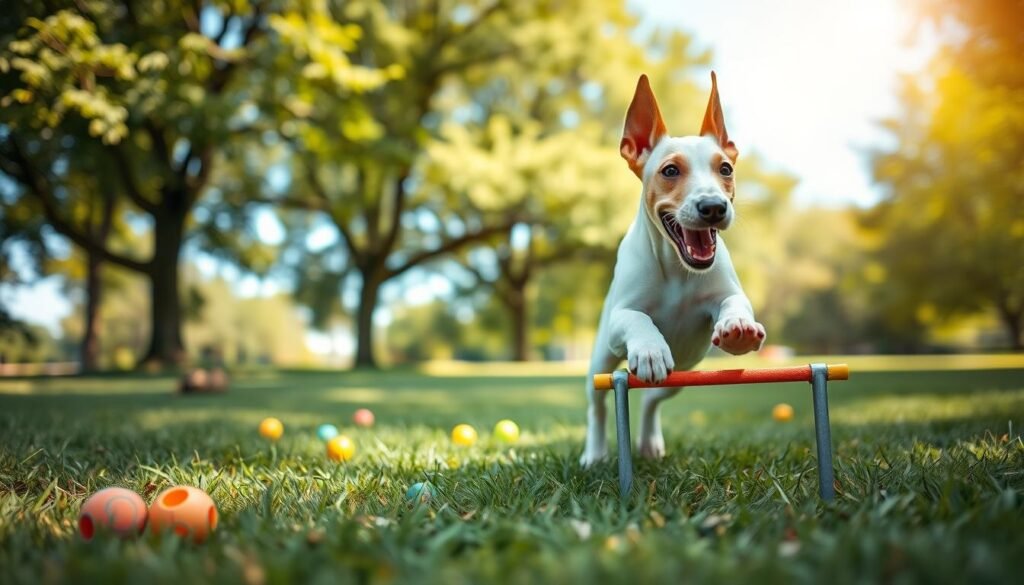 A playful white Doberman puppy engaged in exercise, showing off its athletic physique and sleek coat. The puppy is in the foreground, energetically leaping over a small hurdle in a grassy park, with its ears perked up and a joyful expression. In the middle ground, a few colorful toys are scattered around to emphasize a playful atmosphere, while the background features a soft focus of lush trees under a clear blue sky, capturing a sunny day. The lighting is bright and natural, creating a warm and inviting mood. The scene is captured from a low angle to highlight the puppy's agility and youthful spirit, conveying a sense of movement and joy. A playful white Doberman puppy engaged in exercise, showing off its athletic physique and sleek coat. The puppy is in the foreground, energetically leaping over a small hurdle in a grassy park, with its ears perked up and a joyful expression. In the middle ground, a few colorful toys are scattered around to emphasize a playful atmosphere, while the background features a soft focus of lush trees under a clear blue sky, capturing a sunny day. The lighting is bright and natural, creating a warm and inviting mood. The scene is captured from a low angle to highlight the puppy's agility and youthful spirit, conveying a sense of movement and joy.