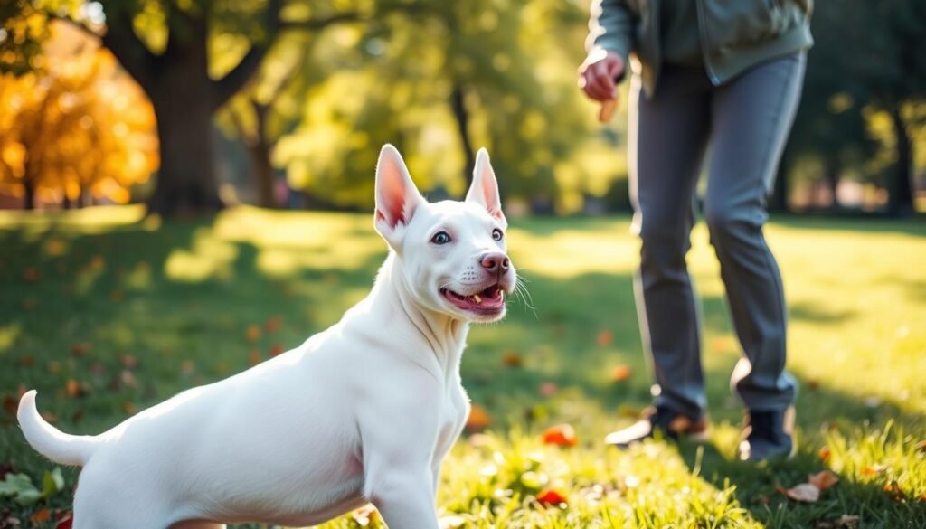 A playful white Doberman puppy is in the foreground, eagerly engaging in training exercises. Its sleek, gleaming coat contrasts with its bright, alert eyes, showcasing its energetic and curious temperament. The middle ground features a trainer, dressed in comfortable casual clothes, holding a treat and encouraging the puppy, emphasizing a positive training environment. In the background, a sunlit park setting includes lush green grass and scattered autumn leaves, contributing to a warm, inviting atmosphere. Soft, diffused sunlight filters through the trees, creating gentle shadows that highlight the puppy's playful demeanor. The overall mood is joyful and focused, capturing the essence of training and the spirited nature of a young Doberman. A playful white Doberman puppy is in the foreground, eagerly engaging in training exercises. Its sleek, gleaming coat contrasts with its bright, alert eyes, showcasing its energetic and curious temperament. The middle ground features a trainer, dressed in comfortable casual clothes, holding a treat and encouraging the puppy, emphasizing a positive training environment. In the background, a sunlit park setting includes lush green grass and scattered autumn leaves, contributing to a warm, inviting atmosphere. Soft, diffused sunlight filters through the trees, creating gentle shadows that highlight the puppy's playful demeanor. The overall mood is joyful and focused, capturing the essence of training and the spirited nature of a young Doberman.