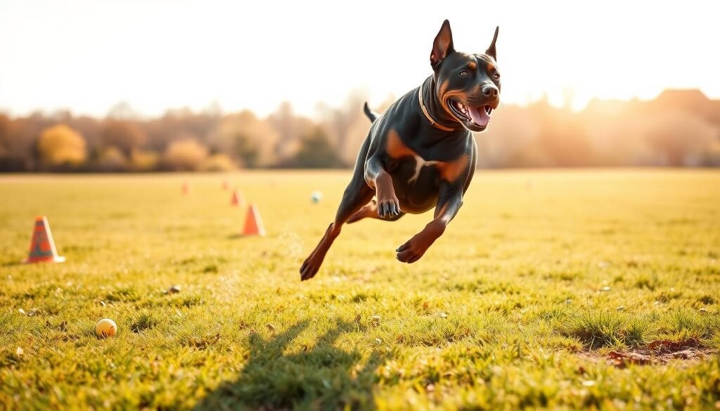 A powerful Doberman-Pitbull mix is shown energetically exercising in an open field. The dog, showcasing a sleek, muscular build with a glossy black-and-tan coat, is mid-leap, capturing a sense of motion and vitality. In the foreground, its athletic form is emphasized with a slight angle that highlights its strong limbs and focused expression. In the middle ground, a lush green field stretches out, dotted with various small obstacles like cones and balls, indicating playful exercise activities. The background includes softly blurred trees under a bright, sunny sky, adding warmth and a sense of freedom. The lighting is bright and natural, casting soft shadows and enhancing the dog's features, creating an uplifting and energetic atmosphere that reflects vitality and the importance of physical activity for this breed mix. A powerful Doberman-Pitbull mix is shown energetically exercising in an open field. The dog, showcasing a sleek, muscular build with a glossy black-and-tan coat, is mid-leap, capturing a sense of motion and vitality. In the foreground, its athletic form is emphasized with a slight angle that highlights its strong limbs and focused expression. In the middle ground, a lush green field stretches out, dotted with various small obstacles like cones and balls, indicating playful exercise activities. The background includes softly blurred trees under a bright, sunny sky, adding warmth and a sense of freedom. The lighting is bright and natural, casting soft shadows and enhancing the dog's features, creating an uplifting and energetic atmosphere that reflects vitality and the importance of physical activity for this breed mix.