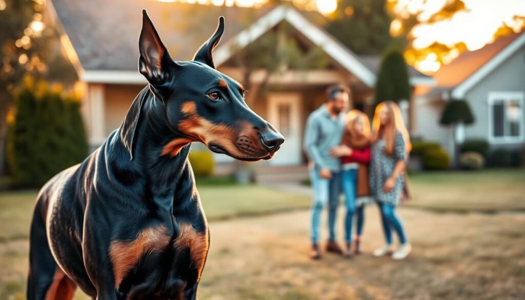 A powerful Doberman standing protectively in the foreground, its sleek black and tan coat glistening in the golden light of sunset. The dog's muscular build and alert posture convey strength and vigilance, with ears perked up and a focused gaze. In the middle ground, a family of four, dressed in casual but modest clothing, interacts happily, providing a clear sense of companionship and trust. The background features a serene suburban setting, with a cozy house and a well-kept yard bathed in warm light, adding to the peaceful atmosphere while emphasizing the protective role of the Doberman. The lens angle captures the Doberman’s majesty and the family's bond. The overall mood is warm and secure, illustrating the dog’s instinctive protective qualities.