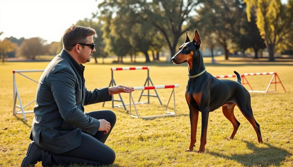 A professional dog trainer kneels on a grassy field, focused and commanding, as a well-groomed Doberman Pinscher attentively follows commands. The foreground features the trainer in smart casual attire, highlighted by soft, natural lighting that casts gentle shadows. The Doberman, muscular and sleek, displays its noble posture and attentive expression, showcasing its intelligence and obedience. In the middle ground, a variety of training tools like agility hurdles and training cones can be seen, emphasizing the training atmosphere. The background reveals a bright, sunlit park with trees and an open sky, conveying a sense of positivity and focus. The overall mood is one of dedication and harmony, perfectly showcasing the bond between the trainer and the dog during obedience training.