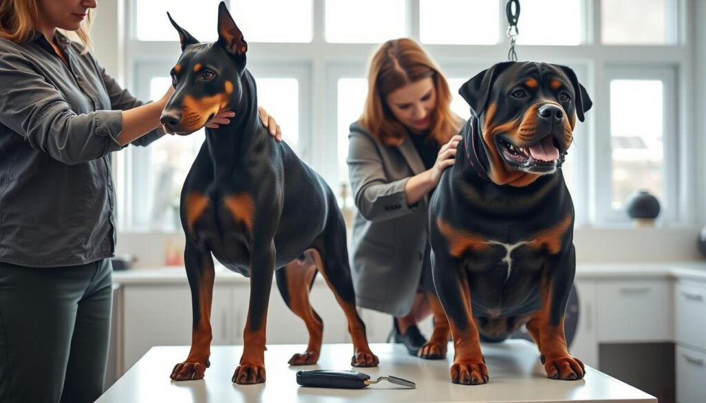A professional pet grooming scene featuring a Doberman and a Rottweiler being groomed side by side in a bright, well-lit grooming salon. In the foreground, a groomer in modest casual clothing carefully brushes the Doberman’s sleek coat, showcasing its athletic build and elegant posture. Next to them, another groomer gently trims the Rottweiler’s thicker fur, emphasizing its muscular structure. The middle ground displays grooming tools, like brushes and clippers, artfully arranged on a clean countertop. In the background, large windows invite natural light, illuminating the space and creating a warm, inviting atmosphere. The overall mood is calm and focused, highlighting the care and precision involved in grooming both breeds.