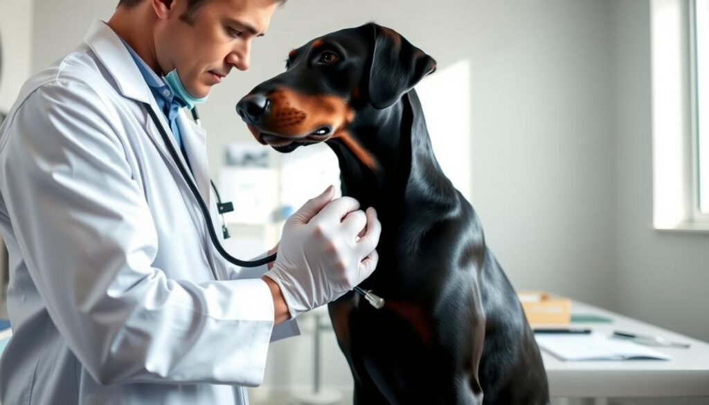A professional veterinarian, dressed in a crisp white coat and gloves, examines a healthy black Doberman in a well-lit clinical setting. In the foreground, the focused vet holds a stethoscope to the dog's chest, showcasing the close relationship between caregiver and pet. The middle ground features a neatly organized exam table with various veterinary tools and charts, emphasizing the health screening process. In the background, soft natural lighting filters through a window, enhancing the tranquil, caring atmosphere of the space. The overall mood is reassuring and professional, highlighting the importance of health considerations for dogs, particularly in the context of responsible pet ownership.