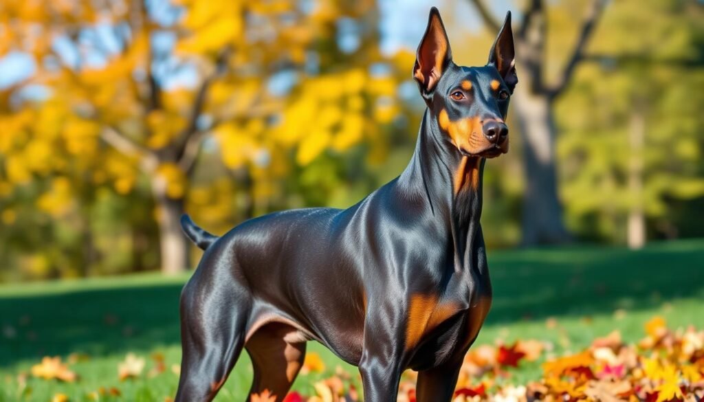A regal Doberman Pinscher stands confidently in a lush green park, showcasing its distinctive features: sleek, muscular build, short black and tan coat, and alert expression. The foreground captures the dog's powerful stance with its ears cropped and tail docked, highlighting its athleticism and elegance. In the middle ground, a variety of colorful autumn leaves create a vibrant contrast to the dog's dark coat, emphasizing its striking appearance. The background features soft-focus trees and a clear blue sky, adding depth and serenity to the scene. The lighting is bright and natural, casting soft shadows that accentuate the dog's contours and bringing out the glossiness of its fur. The overall mood exudes strength, loyalty, and intelligence, perfectly representing the Doberman breed.