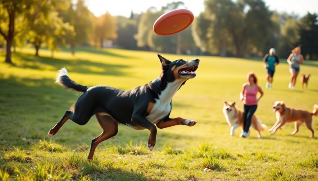 A scenic outdoor setting showcasing a Doberman Australian Shepherd Mix engaging in energetic play. In the foreground, the dog is in mid-action, leaping through the air with a frisbee, displaying its athletic build and intelligence. The middle ground features a lush green park with trees and an open field, emphasizing the need for ample exercise space. In the background, a few families are enjoying various activities, like jogging or playing fetch with their dogs, highlighting a community atmosphere. The sunlight casts a warm golden hue, evoking an inviting and active mood. The angle should be slightly low, focusing on the dog’s movement and energy, capturing the essence of exercise requirements for this energetic breed mix.