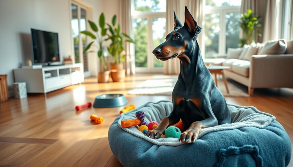 A serene, inviting living space designed for a blue Doberman puppy, emphasizing comfort and playfulness. In the foreground, showcase a cozy dog bed with soft blue and plush textures, surrounded by colorful chew toys. The middle ground features a spacious living room with hardwood floors and large windows allowing natural light to flood in, highlighting the blue tones of the dog’s coat. Include a stylish dog feeding station near a potted plant. In the background, a soft rug and a modern sofa create a harmonious atmosphere. The scene is warm, welcoming, and vibrant, evoking a sense of joy and companionship. Use soft, diffused lighting to enhance the inviting mood, simulating a sunny afternoon indoors.