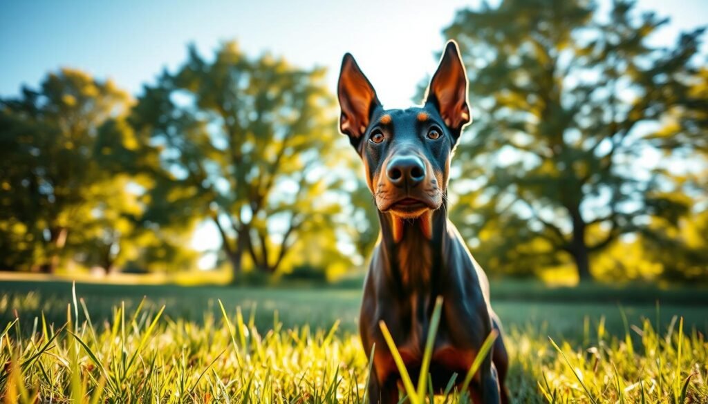 A serene, natural setting featuring a majestic, uncropped Doberman with its ears standing tall and alert. The foreground showcases the dog in a playful stance, its expressive eyes reflecting vitality and health. In the middle ground, soft grass underfoot contrasts with the dog's sleek, shiny coat, emphasizing its well-maintained and natural appearance. Lush trees and a bright blue sky fill the background, creating a calming atmosphere that highlights the benefits of keeping ears natural. The lighting is warm, capturing the golden hour glow, providing an inviting, cheerful mood. Shot from a low angle, the focus is on the dog's ears, illustrating confidence and character, while ensuring a clear and engaging view of the Doberman’s overall health benefits. No text or distractions present.