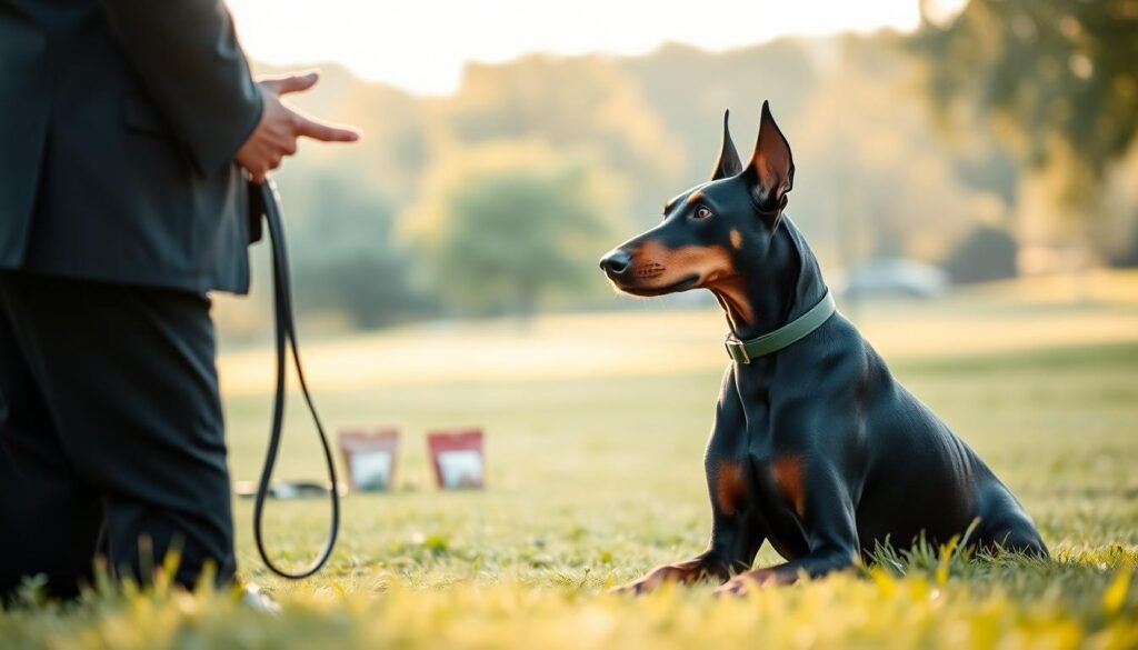 A serene training environment showcasing a Doberman Pinscher in the foreground, focused and attentive, sitting calmly beside its trainer. The trainer, dressed in professional attire, gently gestures with an open hand, demonstrating a command for quiet. In the middle ground, a few training aids like leashes and treat bags are neatly arranged, emphasizing a structured training session. The background features a tranquil park setting with soft green grass and distant trees, bathed in warm, natural sunlight, creating a peaceful atmosphere. The scene is captured with a slightly blurred depth of field, highlighting the dog and trainer while softening the background for an intimate, focused feel. The overall mood is calm and encouraging, conveying a sense of successful communication and cooperation. A serene training environment showcasing a Doberman Pinscher in the foreground, focused and attentive, sitting calmly beside its trainer. The trainer, dressed in professional attire, gently gestures with an open hand, demonstrating a command for quiet. In the middle ground, a few training aids like leashes and treat bags are neatly arranged, emphasizing a structured training session. The background features a tranquil park setting with soft green grass and distant trees, bathed in warm, natural sunlight, creating a peaceful atmosphere. The scene is captured with a slightly blurred depth of field, highlighting the dog and trainer while softening the background for an intimate, focused feel. The overall mood is calm and encouraging, conveying a sense of successful communication and cooperation.