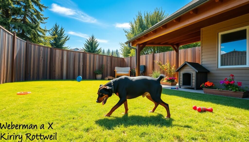 A spacious and well-kept backyard with a sturdy wooden fence, featuring a plush grass area and a cozy shaded corner with a dog house, perfect for a Doberman X Rottweiler. In the foreground, a playful Doberman X Rottweiler is exploring the yard, showcasing its muscular build and sleek coat. The middle ground includes several outdoor toys, such as a frisbee and a tug toy, emphasizing an active lifestyle. In the background, there are vibrant flower beds and a few trees, under a clear blue sky with soft sunlight filtering through, creating a warm and inviting atmosphere. The image has a natural outdoor setting, captured in a wide-angle shot to depict the space, with bright and cheerful colors that convey a sense of happiness and vitality.