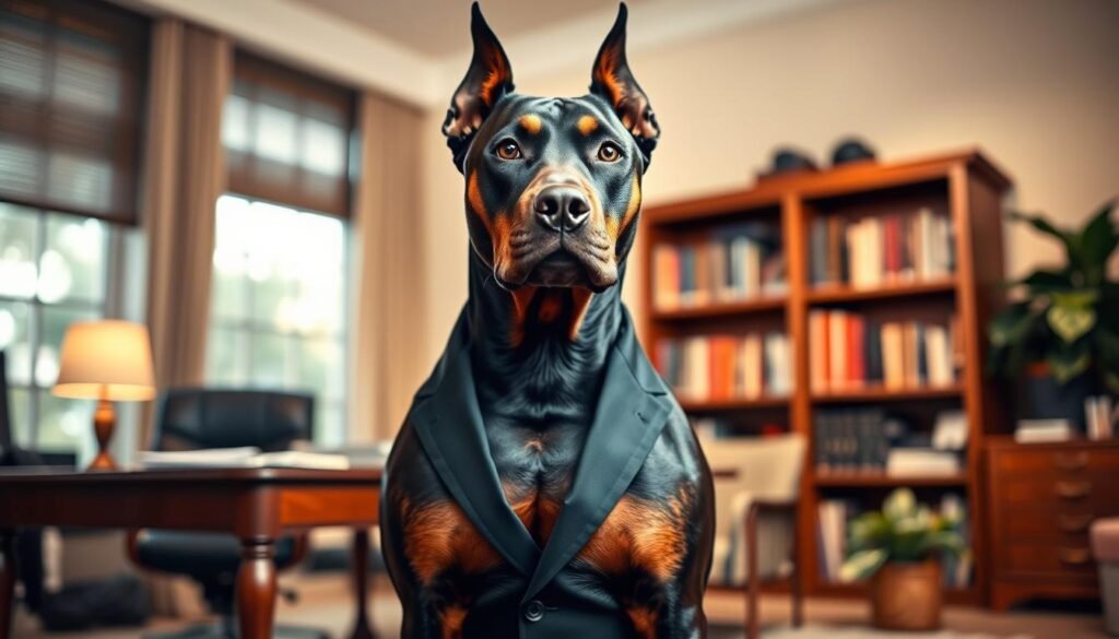 A striking Doberman Pinscher Pitbull mix sitting proudly in a well-furnished home office, wearing a tailored business suit. In the foreground, the dog's muscular build and alert expression convey confidence and intelligence. Its sleek black and brown coat glistens under soft, warm ambient lighting that fills the room. In the middle background, a mahogany desk and a bookshelf filled with books suggest a professional environment, complemented by a large window letting in natural light. The atmosphere is calm yet dynamic, exuding a sense of professionalism and charm. The camera angle captures the dog at eye level, enhancing the connection with the viewer, while a hint of greenery from a potted plant adds vibrancy to the scene.