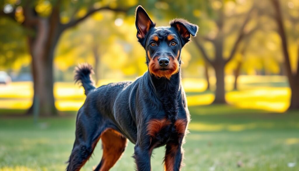 A striking Doberman Pinscher and Poodle mix stands confidently in a well-lit park setting, showcasing a blend of both parent breeds. The dog has a sleek, muscular body typical of a Doberman, with well-defined limbs, while its coat features the soft, curly texture of a Poodle, presenting a striking contrast in black and brown hues. The dog's ears are elegantly shaped, semi-erect like a Doberman, with a fluffy tuft reminiscent of a Poodle. In the foreground, the dog gazes directly at the viewer, exuding an upbeat and friendly demeanor. In the background, blurred trees and grassy areas softly frame the dog, adding depth. The scene is illuminated by warm, natural sunlight, creating a cheerful and inviting atmosphere, perfect for highlighting the unique physical characteristics of this hybrid breed. A striking Doberman Pinscher and Poodle mix stands confidently in a well-lit park setting, showcasing a blend of both parent breeds. The dog has a sleek, muscular body typical of a Doberman, with well-defined limbs, while its coat features the soft, curly texture of a Poodle, presenting a striking contrast in black and brown hues. The dog's ears are elegantly shaped, semi-erect like a Doberman, with a fluffy tuft reminiscent of a Poodle. In the foreground, the dog gazes directly at the viewer, exuding an upbeat and friendly demeanor. In the background, blurred trees and grassy areas softly frame the dog, adding depth. The scene is illuminated by warm, natural sunlight, creating a cheerful and inviting atmosphere, perfect for highlighting the unique physical characteristics of this hybrid breed.