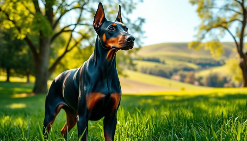 A striking Doberman Pinscher with natural ears stands proudly in a lush green park, showcasing its sleek, muscular build and glossy coat. The foreground features the dog in a dynamic pose, capturing its attentive expression and alert stance, while the natural ears stand upright, embodying the breed’s elegance and vitality. In the middle ground, vibrant grass contrasts against the dog’s rich black and tan coloring, with dappled sunlight filtering through nearby trees, creating warm highlights on its fur. The background captures a serene landscape with gentle hills and a clear blue sky, enhancing the peaceful atmosphere. The image should be taken from a low angle, emphasizing the dog's stature while maintaining a soft focus on the background, evoking a mood of pride and beauty in this majestic breed. A striking Doberman Pinscher with natural ears stands proudly in a lush green park, showcasing its sleek, muscular build and glossy coat. The foreground features the dog in a dynamic pose, capturing its attentive expression and alert stance, while the natural ears stand upright, embodying the breed’s elegance and vitality. In the middle ground, vibrant grass contrasts against the dog’s rich black and tan coloring, with dappled sunlight filtering through nearby trees, creating warm highlights on its fur. The background captures a serene landscape with gentle hills and a clear blue sky, enhancing the peaceful atmosphere. The image should be taken from a low angle, emphasizing the dog's stature while maintaining a soft focus on the background, evoking a mood of pride and beauty in this majestic breed.