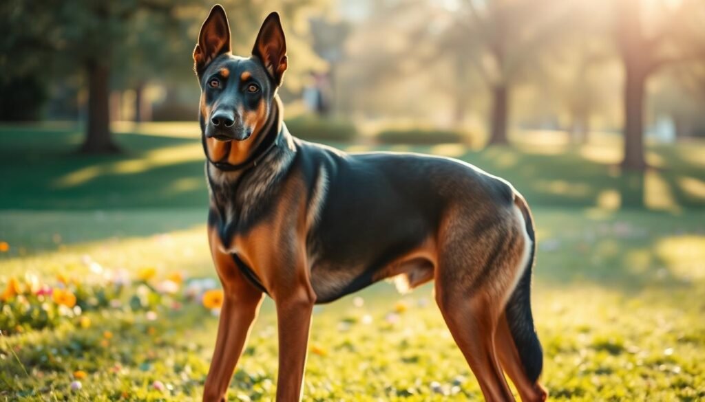 A striking GSD X Doberman mix, showcasing a muscular build and sleek coat with a mix of black and tan colors. In the foreground, the dog stands proudly, with its ears perked and alert expression, embodying intelligence and loyalty. The middle ground features a grassy park, dotted with colorful wildflowers, creating a lively and inviting atmosphere. In the background, soft sunlight filters through gentle trees, casting dappled shadows on the ground. The scene captures a serene yet vibrant mood, with a focus on the dog's strong physique and attentive demeanor. The lighting is warm and natural, enhancing the rich colors of the dog's fur. The angle is slightly low, emphasizing the dog's stature and presence, while maintaining a sense of approachability and friendliness. A striking GSD X Doberman mix, showcasing a muscular build and sleek coat with a mix of black and tan colors. In the foreground, the dog stands proudly, with its ears perked and alert expression, embodying intelligence and loyalty. The middle ground features a grassy park, dotted with colorful wildflowers, creating a lively and inviting atmosphere. In the background, soft sunlight filters through gentle trees, casting dappled shadows on the ground. The scene captures a serene yet vibrant mood, with a focus on the dog's strong physique and attentive demeanor. The lighting is warm and natural, enhancing the rich colors of the dog's fur. The angle is slightly low, emphasizing the dog's stature and presence, while maintaining a sense of approachability and friendliness.