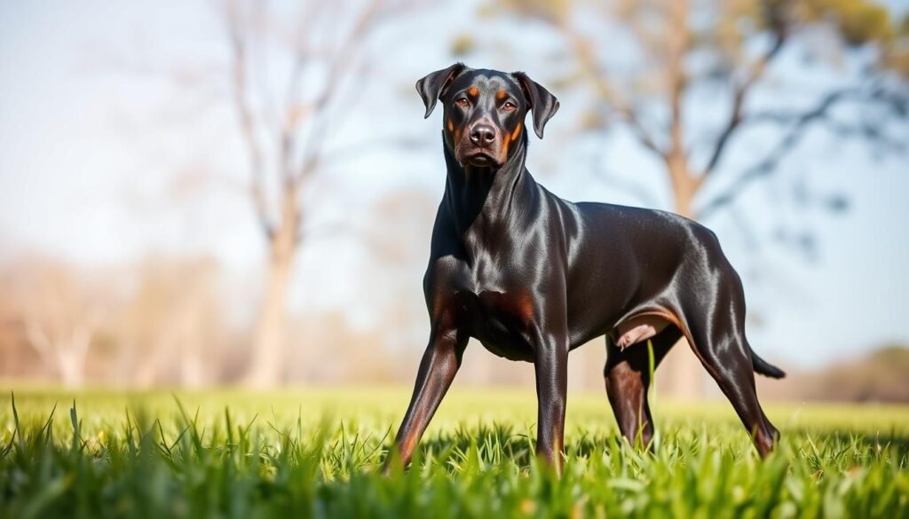 A striking black Labrador-Doberman mix stands majestically in a serene outdoor setting. The dog's sleek, shiny coat gleams under soft natural sunlight, highlighting its distinct blend of robust Doberman features with the friendly face of a Labrador. The dog's muscular build showcases its athleticism, while its expressive eyes convey intelligence and loyalty. In the foreground, lush green grass provides a vibrant contrast to the dog's dark fur, while a gentle breeze ruffles its ears, giving a sense of movement. The middle ground features a subtly blurred backdrop of trees and a clear blue sky, enhancing the focus on the dog. The overall mood is warm and inviting, capturing the essence of companionship and strength, embodying the unique traits of this mixed breed.