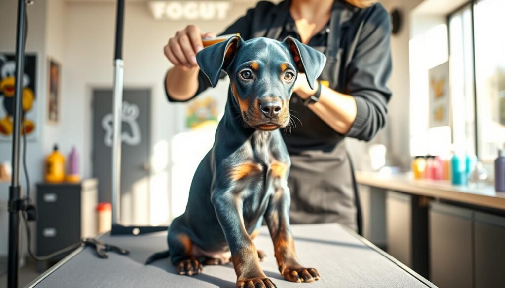A striking blue Doberman puppy being groomed by a professional groomer in a bright, modern pet salon. The foreground features the puppy, with sleek, shiny fur and bright eyes, sitting gracefully on a grooming table. The groomer, dressed in a smart black shirt and aprons, focuses on brushing the puppy's coat, using a high-quality brush. In the middle ground, grooming tools like scissors, brushes, and dog shampoos are neatly arranged on the table. The background shows a clean and well-lit salon with playful posters on the walls and sunlight streaming through large windows, creating a warm and inviting atmosphere. The scene conveys a sense of care and attention, ideal for showcasing grooming needs. Soft lighting enhances the puppy's glossy coat, adding to the affectionate and peaceful mood.