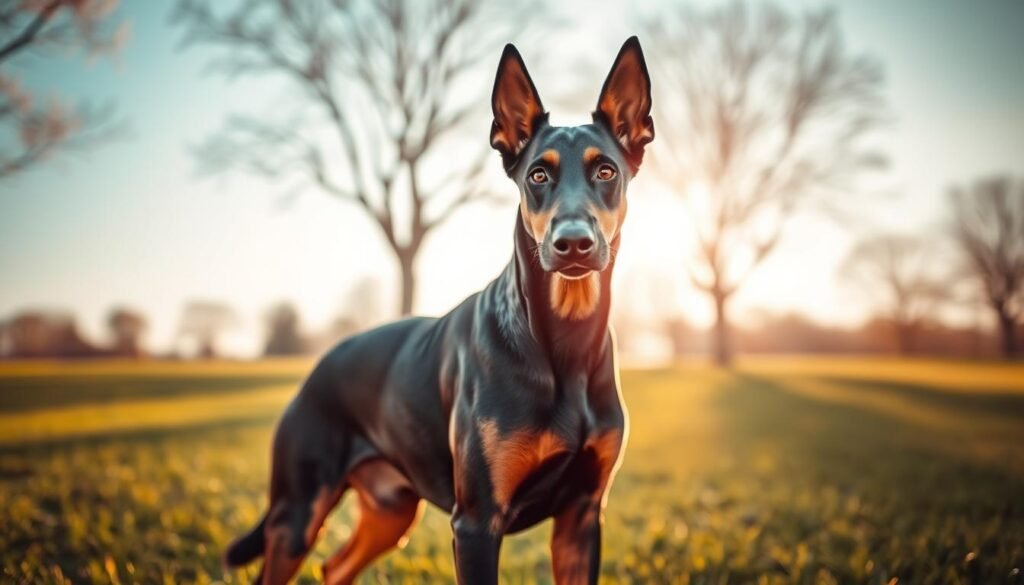 A striking depiction of a German Shepherd-Doberman mix, showcasing its unique physical characteristics. In the foreground, focus on the dog standing proudly with a confident posture, revealing its sleek, muscular build, distinctive coat pattern of short black and rust colors, and expressive eyes that highlight its intelligence. The middle ground features a gentle green field, symbolizing vitality and agility, while a soft, blurred background displays a sunny park with trees and a clear blue sky, creating a serene atmosphere. The lighting should mimic golden hour, casting a warm glow on the dog's fur. The angle should be slightly low, emphasizing the dog's stature and elegance, capturing the essence of this intelligent hybrid. A striking depiction of a German Shepherd-Doberman mix, showcasing its unique physical characteristics. In the foreground, focus on the dog standing proudly with a confident posture, revealing its sleek, muscular build, distinctive coat pattern of short black and rust colors, and expressive eyes that highlight its intelligence. The middle ground features a gentle green field, symbolizing vitality and agility, while a soft, blurred background displays a sunny park with trees and a clear blue sky, creating a serene atmosphere. The lighting should mimic golden hour, casting a warm glow on the dog's fur. The angle should be slightly low, emphasizing the dog's stature and elegance, capturing the essence of this intelligent hybrid.