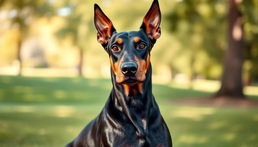 A striking image of a Doberman Pinscher with cropped ears, showcasing its elegant and muscular physique. The dog's glossy black and tan coat shines under soft, natural sunlight, emphasizing its athletic build and confident stance. The foreground features the Doberman in a poised position, with its cropped ears alert and upright, capturing the essence of this breed's alert demeanor. In the middle ground, a blurred park setting introduces gentle green grass and trees, providing a sense of warmth and liveliness. The background is softly faded to keep the focus on the dog, enhancing the image's overall clarity. The mood is one of pride and elegance, ideally captured from a slightly low angle to highlight the dog's stature and the distinctive shape of its ears. A striking image of a Doberman Pinscher with cropped ears, showcasing its elegant and muscular physique. The dog's glossy black and tan coat shines under soft, natural sunlight, emphasizing its athletic build and confident stance. The foreground features the Doberman in a poised position, with its cropped ears alert and upright, capturing the essence of this breed's alert demeanor. In the middle ground, a blurred park setting introduces gentle green grass and trees, providing a sense of warmth and liveliness. The background is softly faded to keep the focus on the dog, enhancing the image's overall clarity. The mood is one of pride and elegance, ideally captured from a slightly low angle to highlight the dog's stature and the distinctive shape of its ears.