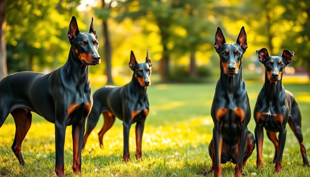 A striking image showcasing a variety of black color variations of Doberman breeds, emphasizing their sleek, muscular physique. In the foreground, feature three Dobermans with distinct black color patterns: a glossy solid black, a black with rust markings, and a black with subtle tan accents. Capture each dog's strong stance and alert expressions, illustrating their confident demeanor. In the middle ground, depict a grassy park setting with soft sunlight filtering through trees, creating gentle shadows that enhance the dogs' features. The background should include blurred, lush greenery, providing depth and a natural atmosphere. Utilize warm, natural lighting to evoke a serene, inviting mood, and capture the scene from a low angle to emphasize the dogs' stature and grace. Ensure clarity and focus on the subject without any text elements.