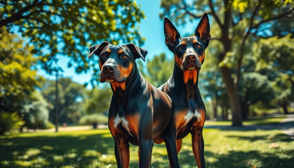 A striking portrait of a Doberman-Pitbull mix, showcasing its athletic build and expressive features. The dog is standing proudly in a lush green park, with a bright blue sky overhead, conveying vitality and energy. sunlight streams through the leaves, casting dappled shadows on the ground, adding dimension to the scene. The focus is on the dog’s strong muscular physique, sleek coat, and keen eyes, embodying health and strength. In the background, subtle hints of landscape elements like trees and a path create a tranquil environment. The overall mood is vibrant and uplifting, highlighting the breed’s playful nature while subtly suggesting the importance of health and care for this high-energy hybrid.