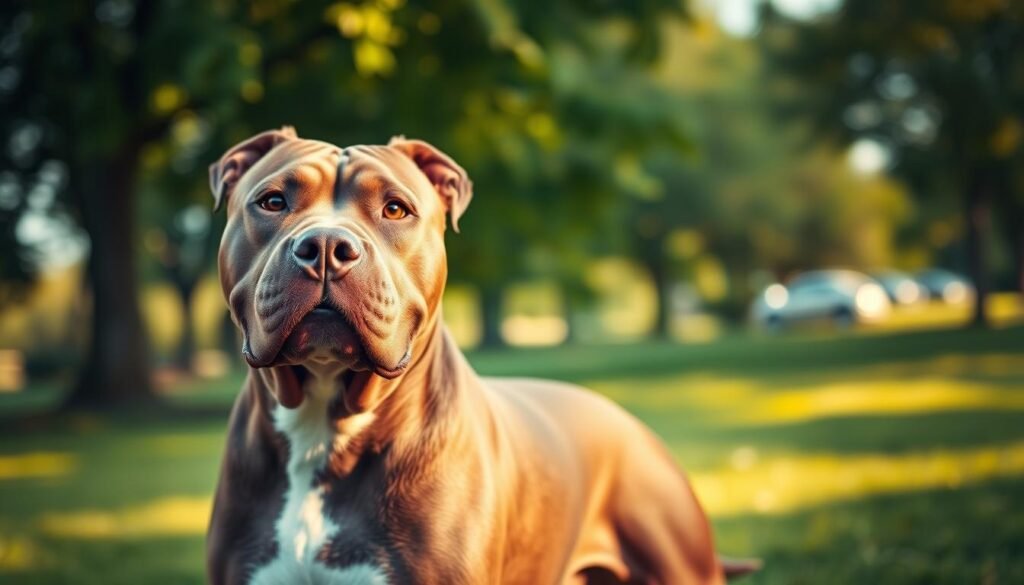A strong, muscular Pitbull standing proudly in a lush green park, showcasing its key breed characteristics such as a broad head, powerful jaws, and alert expression. The foreground captures the dog's expressive face and defined muscles, while in the middle ground, there are subtle hints of the dog's smooth coat glistening under soft, natural sunlight. The background features blurred trees and grass, creating a vibrant yet serene atmosphere. The lighting is warm and inviting, emphasizing the dog's buoyant spirit and affectionate nature. The angle is slightly low, highlighting the dog's stature and confidence. The overall mood conveys loyalty, strength, and playfulness, embodying the essence of the Pitbull breed.