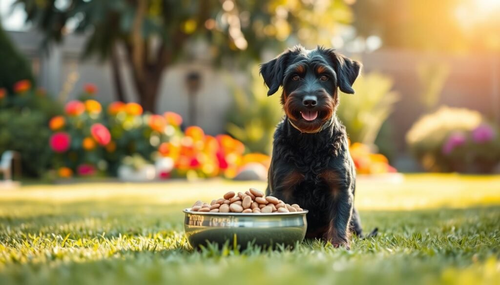 A vibrant and well-composed image showcasing a Doberman Poodle mix dog, poised and alert, sitting proudly on a sunny backyard lawn. The dog's sleek coat is a blend of the Doberman's rich black and the Poodle's curly texture, showcasing a harmonious mix of strength and elegance. In the foreground, an array of high-quality dog food in a stylish bowl is placed beside the dog, emphasizing the theme of nutrition. The background features a softly blurred garden with colorful flowers and leafy trees, creating a lively atmosphere. Warm, natural light filters through, adding a welcoming glow to the scene. The overall mood is cheerful and lively, highlighting the message of a healthy lifestyle for pets through proper nutrition.