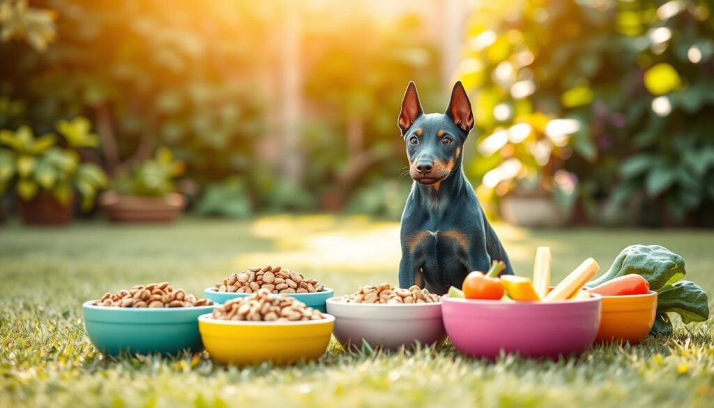 A vibrant blue Doberman puppy sits attentively on a soft, grassy lawn, surrounded by an array of nutritious dog food from various angles. In the foreground, the puppy’s distinctive blue coat glistens under warm, natural sunlight, highlighting its muscular build and alert expression. In the middle ground, colorful bowls with premium kibble and fresh vegetables are artistically arranged, illustrating the ideal diet for a growing dog. The background features a serene garden with leafy green plants and a subtle blur, creating an inviting atmosphere. The overall mood is lively and healthy, suggesting vitality and care in pet nutrition. Use a soft focus lens effect, capturing the details of the puppy's fur and the textures of the food with a balanced depth of field.