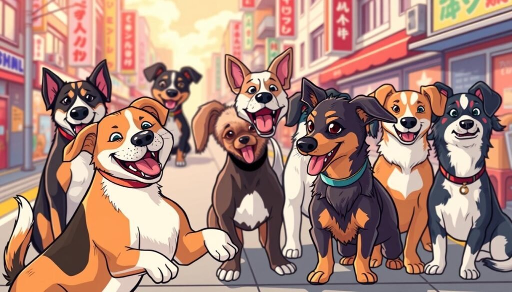 A vibrant comic-style illustration featuring an array of mixed-breed dogs, each with unique characteristics that blend traits from different breeds. In the foreground, a playful mixed-breed resembling a Doberman and a Beagle interacts with a quirky Dachshund-Poodle mix, expressing joy and camaraderie. The middle ground showcases an artistic representation of other mixed breeds, with colorful fur patterns and exaggerated cartoon-like expressions, capturing their playful nature. In the background, stylized urban scenery akin to a bustling Japanese cityscape adds depth, with soft, warm lighting and a slightly blurred focus to evoke a lively and welcoming atmosphere. The overall mood is energetic and cheerful, emphasizing the charm of mixed breeds in a whimsical comic world. A vibrant comic-style illustration featuring an array of mixed-breed dogs, each with unique characteristics that blend traits from different breeds. In the foreground, a playful mixed-breed resembling a Doberman and a Beagle interacts with a quirky Dachshund-Poodle mix, expressing joy and camaraderie. The middle ground showcases an artistic representation of other mixed breeds, with colorful fur patterns and exaggerated cartoon-like expressions, capturing their playful nature. In the background, stylized urban scenery akin to a bustling Japanese cityscape adds depth, with soft, warm lighting and a slightly blurred focus to evoke a lively and welcoming atmosphere. The overall mood is energetic and cheerful, emphasizing the charm of mixed breeds in a whimsical comic world.