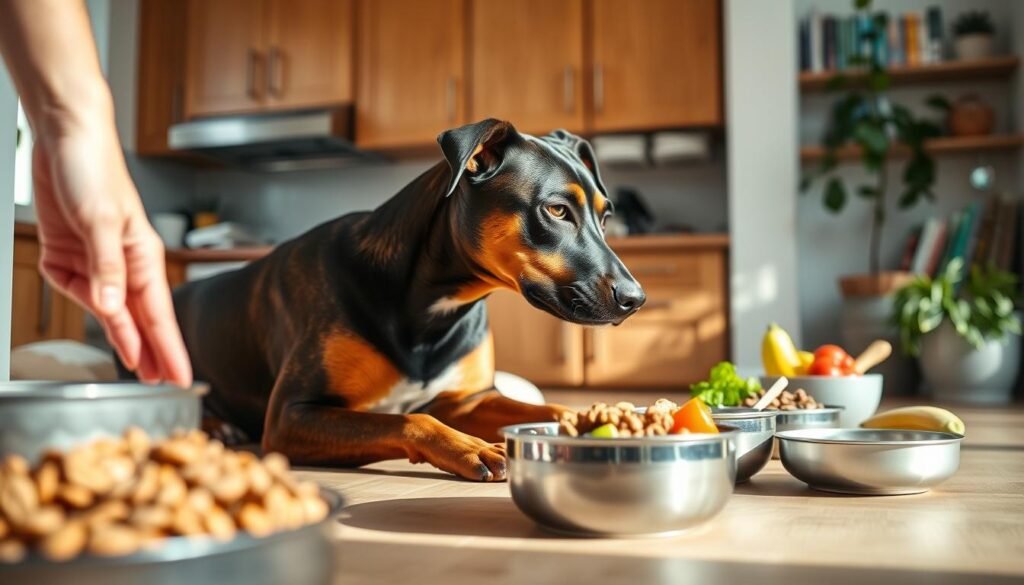 A vibrant, healthy Boxer Doberman mix dog nestled comfortably in a sunny home kitchen, surrounded by bowls of nutritious food like kibble, fresh vegetables, and fruits. In the foreground, the dog, showcasing a sleek coat with a mix of dark and fawn markings, eagerly watches as a hand gently places a filled bowl on the floor. In the middle ground, the kitchen is warmly lit, with soft natural light streaming in from a window, highlighting wooden cabinets and a cheerful atmosphere. In the background, there are shelves filled with pet care books and a plant, adding to the nurturing environment. The mood is inviting and wholesome, illustrating a focus on proper nutrition and care. The scene is devoid of any text or watermarks. A vibrant, healthy Boxer Doberman mix dog nestled comfortably in a sunny home kitchen, surrounded by bowls of nutritious food like kibble, fresh vegetables, and fruits. In the foreground, the dog, showcasing a sleek coat with a mix of dark and fawn markings, eagerly watches as a hand gently places a filled bowl on the floor. In the middle ground, the kitchen is warmly lit, with soft natural light streaming in from a window, highlighting wooden cabinets and a cheerful atmosphere. In the background, there are shelves filled with pet care books and a plant, adding to the nurturing environment. The mood is inviting and wholesome, illustrating a focus on proper nutrition and care. The scene is devoid of any text or watermarks.