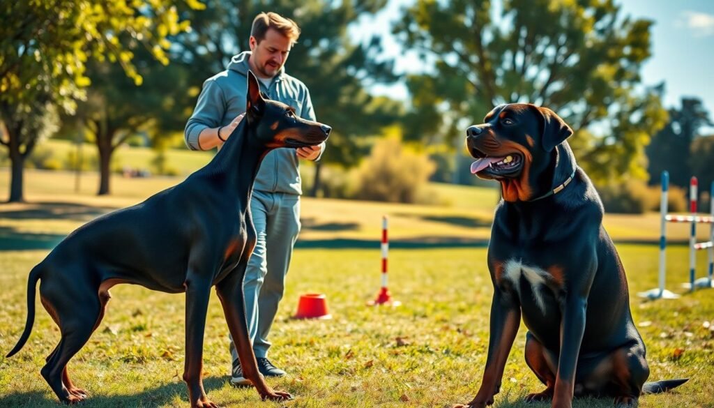 A vibrant training scene featuring a skilled, professional trainer working with a Doberman and a Rottweiler in a sunny outdoor park. In the foreground, the trainer, dressed in modest casual clothing, confidently demonstrates a command while the attentive Doberman, with its sleek coat gleaming in the sunlight, maintains focus. The Rottweiler, muscular and alert, sits patiently nearby, showcasing its strength and obedience. In the middle ground, other training equipment, such as cones and agility poles, are placed on the grass, enhancing the active training atmosphere. The background features lush trees and a clear blue sky, contributing to a sense of tranquility and dedication. Soft, warm lighting highlights the dogs, showcasing their elegance and intelligence. The overall mood is positive and focused, reflecting the disciplined yet compassionate training method.