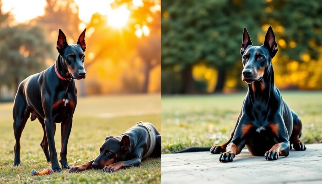 A vivid illustration of temperament comparison featuring two All Black Doberman Pinschers, one displaying an alert and confident demeanor while the other appears calm and relaxed. In the foreground, the dogs are engaged in various activities: one standing tall with erect ears, showcasing its protective instincts, and the other lying down, exuding gentleness. The middle ground features subtle visual cues, such as a dog toy or training equipment, emphasizing their diverse temperaments. The background shows a serene park setting during the golden hour, bathed in warm, soft lighting that enhances the dogs’ glossy fur. The overall mood is balanced, reflecting both the energetic and relaxed sides of the breed, inviting viewers to appreciate the complexity of Doberman temperament without distractions or overlays.