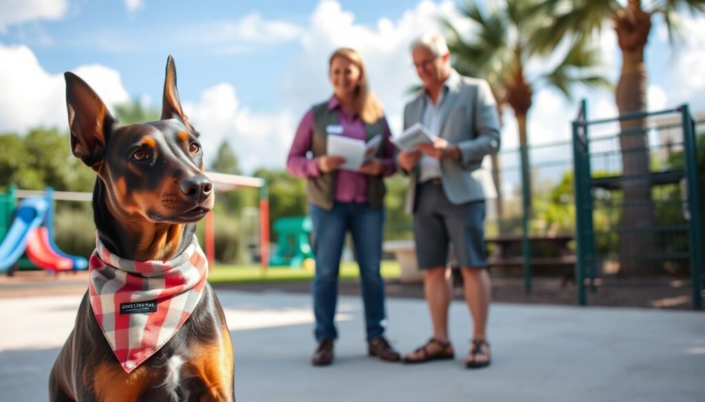 A warm and inviting scene in Florida depicting the Doberman adoption process. In the foreground, a friendly Doberman sits patiently, wearing a colorful bandana, with a hopeful expression. In the middle ground, a couple, dressed in casual but neat clothing, is interacting with an adoption coordinator, who is providing information with a welcoming smile. Surrounding them are pamphlets about Doberman care, and a dog-friendly outdoor area with greenery and playground equipment. The background features a bright blue sky with soft, fluffy clouds, symbolizing a hopeful future. The lighting is soft and natural, enhancing the friendly atmosphere of the scene. The composition is captured from a slightly elevated angle to include all elements harmoniously. A warm and inviting scene in Florida depicting the Doberman adoption process. In the foreground, a friendly Doberman sits patiently, wearing a colorful bandana, with a hopeful expression. In the middle ground, a couple, dressed in casual but neat clothing, is interacting with an adoption coordinator, who is providing information with a welcoming smile. Surrounding them are pamphlets about Doberman care, and a dog-friendly outdoor area with greenery and playground equipment. The background features a bright blue sky with soft, fluffy clouds, symbolizing a hopeful future. The lighting is soft and natural, enhancing the friendly atmosphere of the scene. The composition is captured from a slightly elevated angle to include all elements harmoniously.